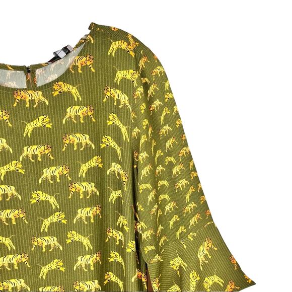 Anthropologie Conditions Apply Olive Green Tiger Print Ruffle Sleeve Dress - Picture 6 of 15